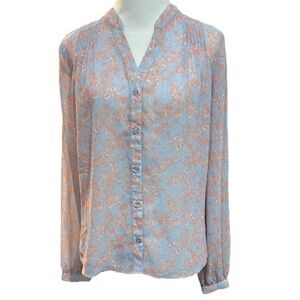 Vylette Womens Blouse Size S Blue Peach Paisley Floral Long Sleeve